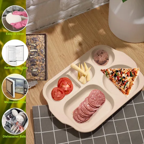 Miniatura 4 de Tanlade - 8 platos divididos irrompibles grandes de 12 pulgadas para adultos, bandeja de comida de paja de trigo de 5 compartimentos, bandeja
