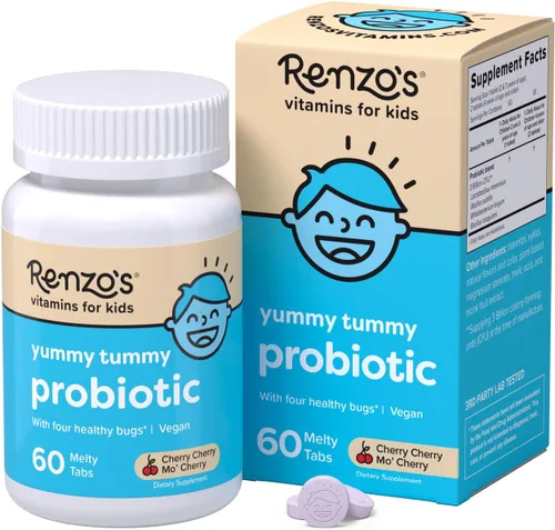 Probióticos de Renzo para niños, probióticos solubles para la salud digestiva y el apoyo inmunológico, 60 pastillas derretidas con sabor a cereza