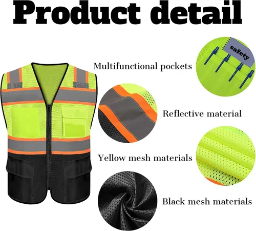 Miniatura 2 de Chaleco de seguridad reflectante de alta visibilidad con 5 bolsillos y cremallera clase 2 para adultos, unisex, ropa de trabajo de seguridad