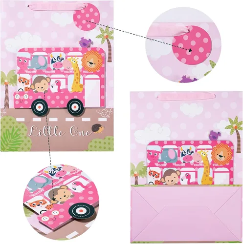 Miniatura 6 de LeZakaa Bolsa de regalo rosa de 1er cumpleaños para niños y niñas, bolsa de regalo de 13 pulgadas con papel de seda, etiqueta de regalo y tarjeta