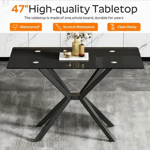 Miniatura 7 de Juego de mesa de comedor de cristal negro de 47 pulgadas para 4, juego de mesa de cocina minimalista moderno y 4 sillas de comedor de terciopelo