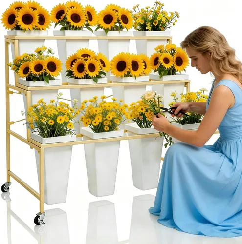 Miniatura 10 de Soporte de exhibición de flores de metal de 3 niveles, carrito móvil resistente para plantas de flores con 12 cubos y ruedas con bloqueo, estante