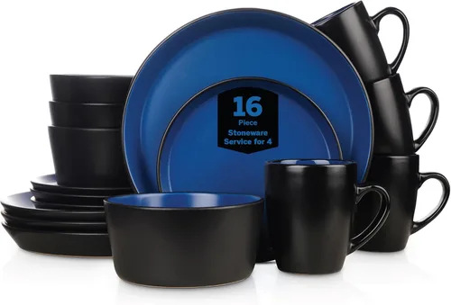 Miniatura 16 de Stone Lain Jules Modern - Juego de vajilla redonda de cerámica de 16 piezas, juego de platos y cuencos, juego de platos para 4, color negro