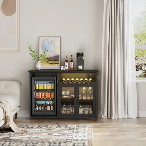 Miniatura 4 de Gabinete de barra de vino con espacio para mini refrigerador, gabinete de barra de café negro y gabinete de licores con estante de almacenamiento