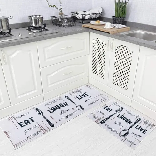 Miniatura 13 de Carvapet Juego de 2 alfombras de cocina con respaldo antideslizante, tapete para cocina, corredor de entrada, diseño de lema, negruzco/gris oscuro