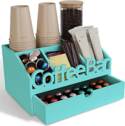 Miniatura 15 de Organizador de Barra de Café para Encimera – Caddy de Estación de Café de Madera con Compartimentos para Cápsulas, Condimentos, Té y Accesorios