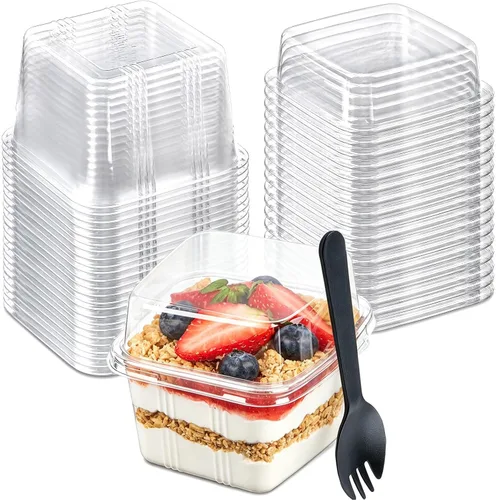 Zezzxu 8 oz Square Dessert Cups with Lids and Spoons, 25 Sets | Clear Plastic Cups with Dome Lids & Sporks for Yogurt Parfait, Fruit, Pudding, Cake,