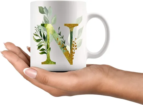 Miniatura 2 de Taza de café Alpha/N con letra gráfica N – Letra alfabeto monograma N – oro brillante cualquier letra floral alfabeto té café caliente taza