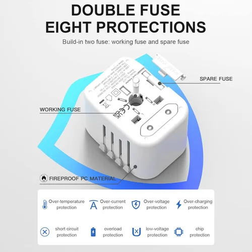 Miniatura 6 de VYLEE Adaptador de enchufe de viaje universal internacional, adaptador de enchufe de viaje europeo 5 en 1 con 3.5A, 2xUSB-A y 2xUSB C cargador