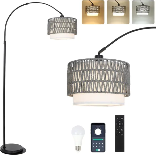 Miniatura 13 de Lámparas de pie arqueadas para sala de estar con 3 temperaturas de color, lámpara de pie negra con control remoto y bombilla LED regulable, lámpara