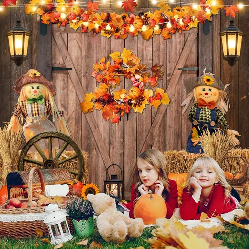 Miniatura 2 de Avezano Fondo de Acción de Gracias, hojas de arce, calabaza, puerta de granero, fotografía, pajar, espantapájaros, decoración de fiesta de baby