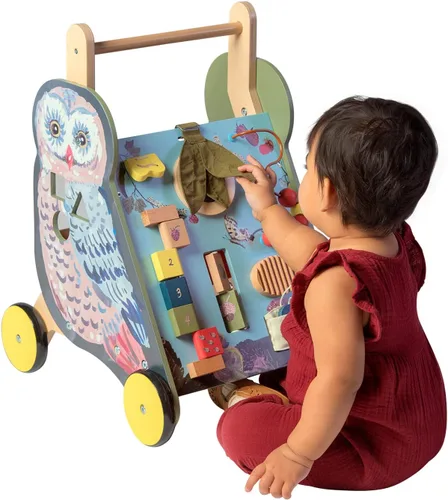 Miniatura 6 de Manhattan Toy Wildwoods Owl - Carrito de madera con clasificador de formas y cesta, ovalado dentado, hilanderos, carrera de cuentas y más mediano