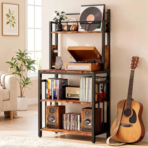 IRONCK Soporte para tocadiscos, almacenamiento de discos de vinilo de 2 niveles, mesa grande para tocadiscos con estación de carga, soporte para