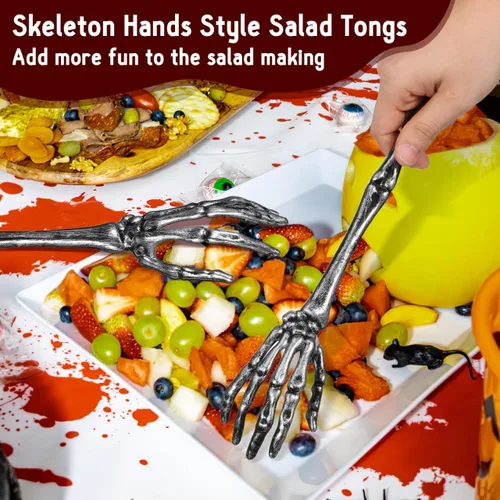 Miniatura 4 de DECHOUS 2 cucharas de ensalada de mano de esqueleto, cuchara de ensalada de plástico con garra de calavera de Halloween para servir vajilla