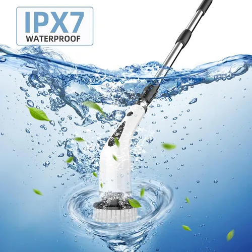 Miniatura 4 de Limpiador eléctrico giratorio, cepillo de limpieza inalámbrico de 3 velocidades con 8 cabezales de cepillo y base, IPX7 impermeable, mango largo
