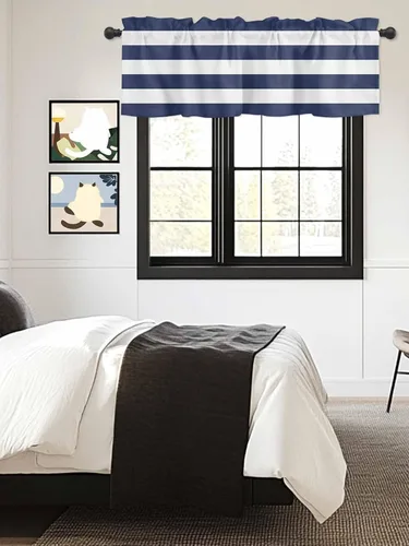Miniatura 5 de Cortinas de cenefas a rayas blancas y azul marino para cocina, cafetería, cenefa de ventana de rayas modernas náuticas, cortinas cortas de 42 x 12