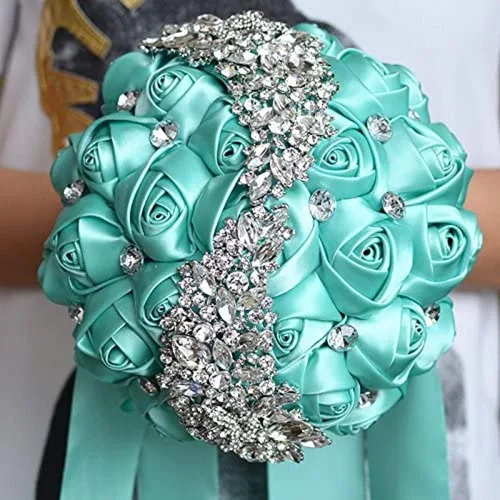 Miniatura 3 de XINNI Ramo de boda verde esmeralda para novia, dama de honor, satén rosa, ramo de boda con diamantes de imitación en forma de lluvia de meteoritos