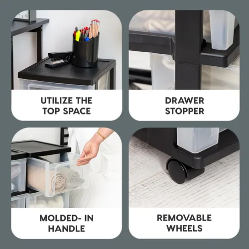 Miniatura 3 de IRIS USA Organizador de almacenamiento de plástico de 3 cajones con carrito rodante, con ruedas giratorias, paquete de 2, para suministros de arte