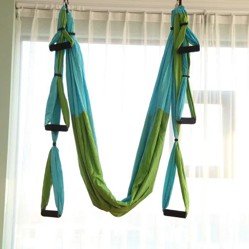 Miniatura 4 de Juego de hamaca aérea de yoga con 2 correas de extensiones y kit de montaje en techo, equipo para colgar inversión de yoga Azul y Verde