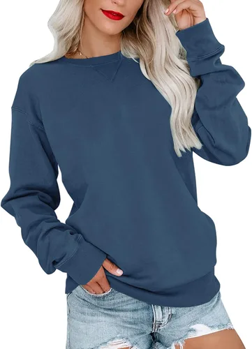 Miniatura 21 de Bingerlily Sudadera casual de manga larga para mujer, cuello redondo, linda sudadera pullover de ajuste relajado, tops Azul