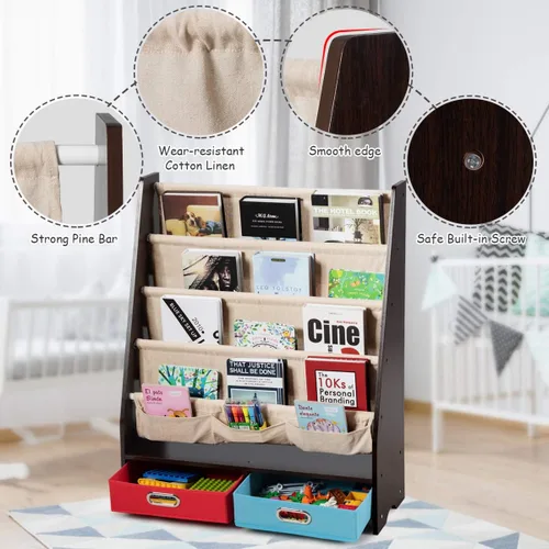 Miniatura 6 de HONEY JOY Estante para libros para niños con 2 contenedores de almacenamiento, estantería de madera para niños pequeños con 4 estantes de eslinga