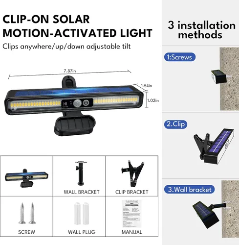 Miniatura 5 de Luces solares de movimiento con clip para exteriores, paquete de 2 luces de 3 modos de valla alimentadas por energía solar, 36 LED 6500 K