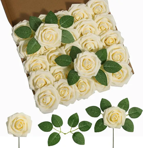 Miniatura 49 de DuHouse 25 rosas artificiales con tallos, flores de espuma de tacto real para bricolaje, ramo de boda, centro de mesa, arreglo floral, fiesta, Verde