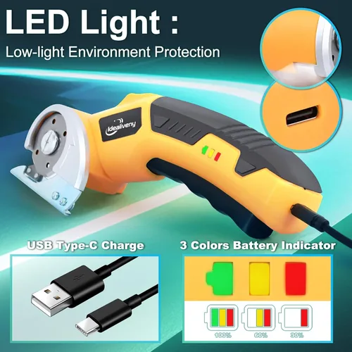 Miniatura 5 de Tijeras eléctricas inalámbricas – Cortador giratorio ligero de 4 V para cartón, cuero, plástico, alfombra, con 2 cuchillas, luz LED, bloqueo