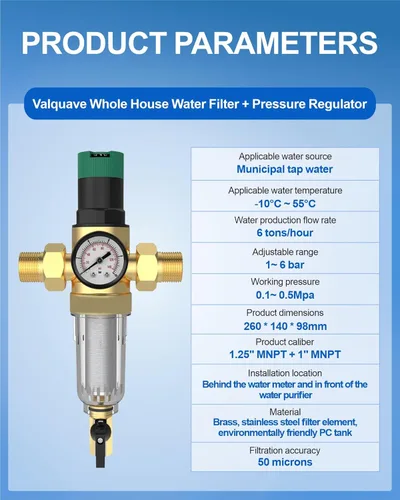 Miniatura 8 de Regulador de presión de agua, con filtro de sedimentos giratorio y medidor para el hogar, 50 micras, MNPT de 1.25 pulgadas + 1 pulgada FNPT + 1