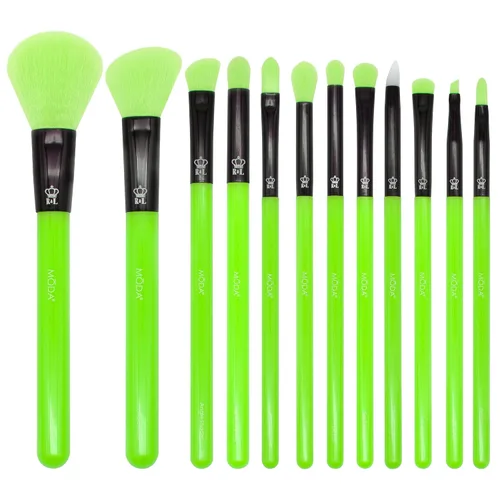 MODA Juego de brochas de maquillaje verde neón, 12 piezas veganas para rostro y ojos, para base, rubor, polvo y sombra de ojos, cerdas sintéticas