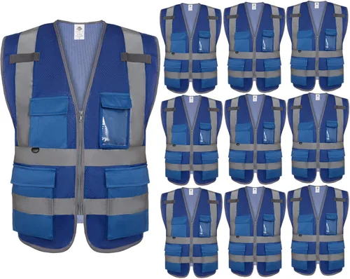 Miniatura 6 de Dazonity Chaleco de seguridad de malla de alta visibilidad con múltiples bolsillos y cremallera, apto para hombres y mujeres, trabajo, construcción