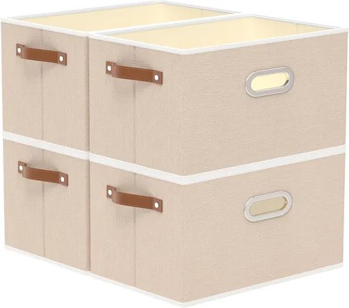 Miniatura 24 de Yawinhe Cestas de almacenamiento de tela, organizador plegable de armario para estantes, cajas grandes con 3 asas, contenedores de lona para ropa