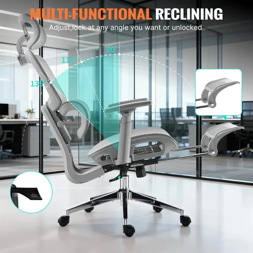 Miniatura 7 de Silla de oficina ergonómica, silla de escritorio de malla para el hogar, cómoda silla de juegos con reposapiés, ruedas, reposacabezas 2D ajustable