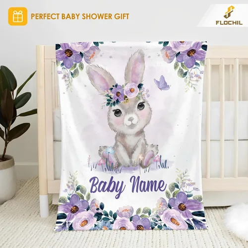 Miniatura 2 de FLOCHIL Manta de bebé personalizada para niñas, manta de bebé personalizada con nombre, manta de bebé de conejo personalizada, regalo para baby