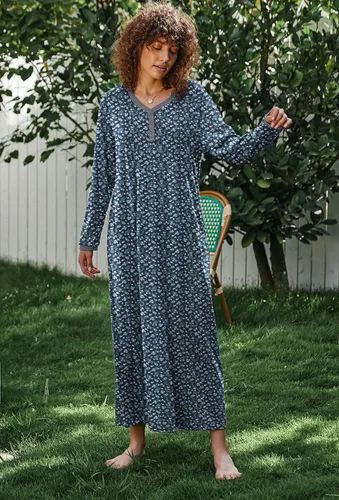Miniatura 5 de Ekouaer - Camisón de manga larga para mujer, estilo informal con botones, Henley, vestido de dormir largo