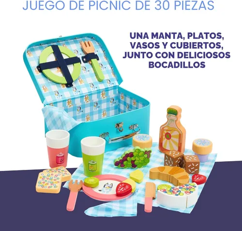 Miniatura 3 de 8th Wonder Wooden Bluey Toys - Estuche de transporte de picnic, 30 piezas de cesta de picnic con cubiertos y accesorios de alimentos, juguetes