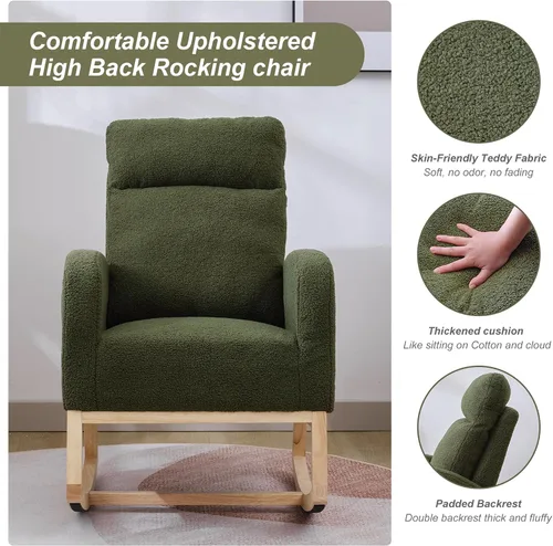 Miniatura 4 de Mecedora para Guardería con Patas de Madera Maciza, Silla Deslizante para Guardería con Bolsillo Lateral, Sillón Mecedor para Sala de Estar y B-drak