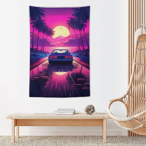 Miniatura 5 de QEOPGNE Synthwave - Tapiz morado para automóvil deportivo de anime, arte de pared de automóvil de carreras de neón, Vaporwave de neón, decoración