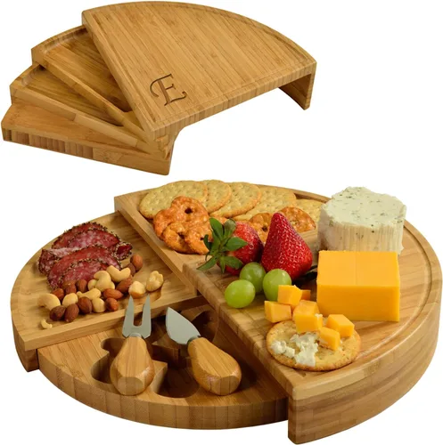 Miniatura 10 de Tabla Picnic at Ascot de bambú, para aperitivos, con herramientas para queso, espirales de una cuña compacta de 13 pulgadas de diámetro, patentado