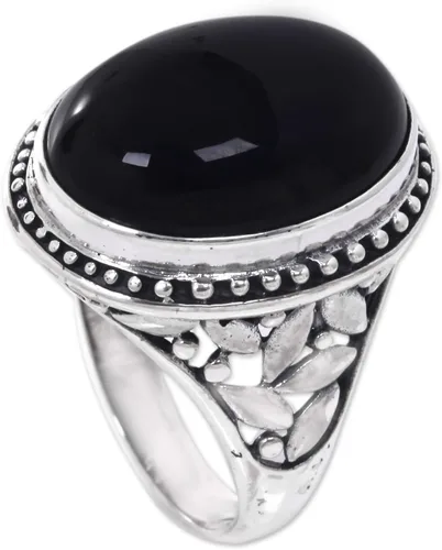 Miniatura 3 de NOVICA Onyx - Anillo floral de plata de ley 925, color negro