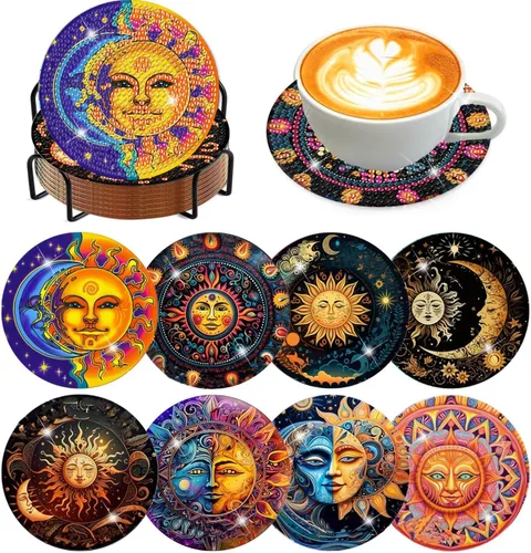 Miniatura 34 de Meothan Juego de 8 posavasos de arte de diamante para adultos con soporte, almohadillas de corcho, posavasos de arte de puntos de diamante de vidrio