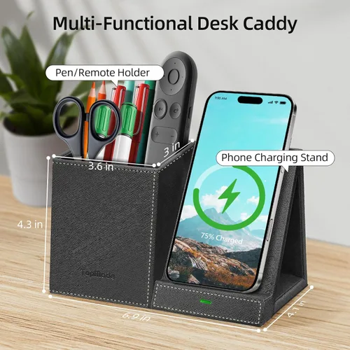 Miniatura 3 de TopMade Cargador inalámbrico con soporte para lápiz para bolígrafo, organizador de mesita de noche de escritorio multifuncional de cuero, estación