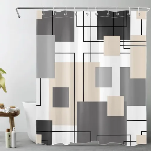 Miniatura 25 de LB Cortina de ducha geométrica a rayas grises y blancas, cortinas de ducha abstractas de mediados de siglo verde salvia para baño, 72 x 72 pulgadas
