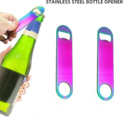 Miniatura 5 de Abrebotellas plano de acero inoxidable de color arcoíris, resistente y duradero, 2 piezas para enviar a amigos, adecuado para bares, camareros