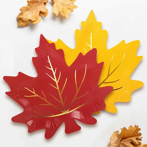 Miniatura 7 de Whaline 30 platos de papel de Acción de Gracias de otoño, platos desechables de hoja de arce, 3 colores, hojas de otoño, platos de vajilla