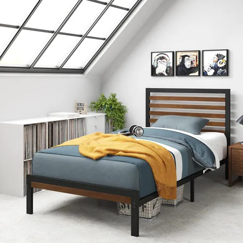 Miniatura 9 de Zinus Kai - Base de cama de bambú y metal con cabecero, no necesita somier, fácil montaje, individual, color marrón