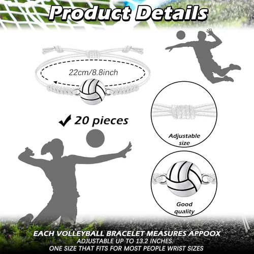 Miniatura 37 de 20 pulseras de voleibol ajustables, cuerda trenzada con dije de voleibol para niñas, mujeres, hombres, adolescentes, la mayoría de jugadores