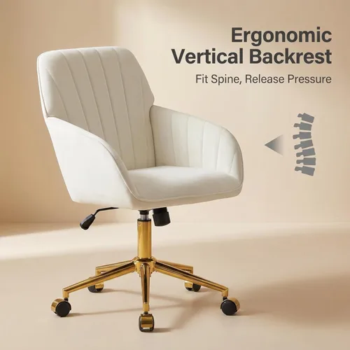 Miniatura 5 de YISHENG Silla de oficina en casa de terciopelo con base dorada, silla tapizada y acolchada moderna ajustable en altura, silla de escritorio dorado