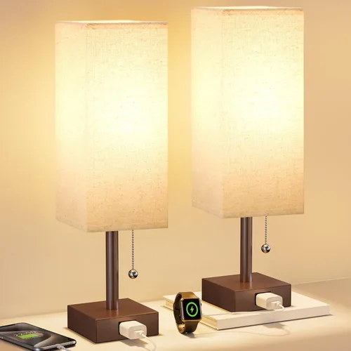 Miniatura 19 de Fenmzee Juego de 2 lámparas de noche para dormitorio, pequeña lámpara rectangular para mesita de noche con puerto de carga USB A C, luz