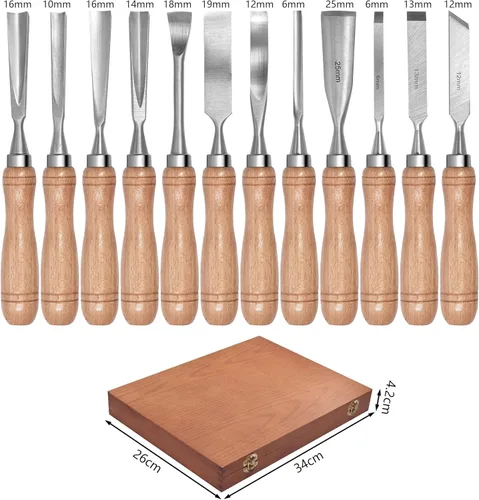 Miniatura 2 de SELFIE CAT Juego de cinceles de madera de 12 piezas para herramientas de carpintería, herramientas de tallado de madera con estuche de madera, kit